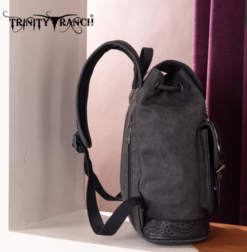Trinity Ranch Genuine Hair-On Cowhide Tooled Backpack - Black