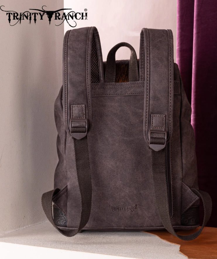 Trinity Ranch Genuine Hair-On Cowhide Tooled Backpack - Coffee