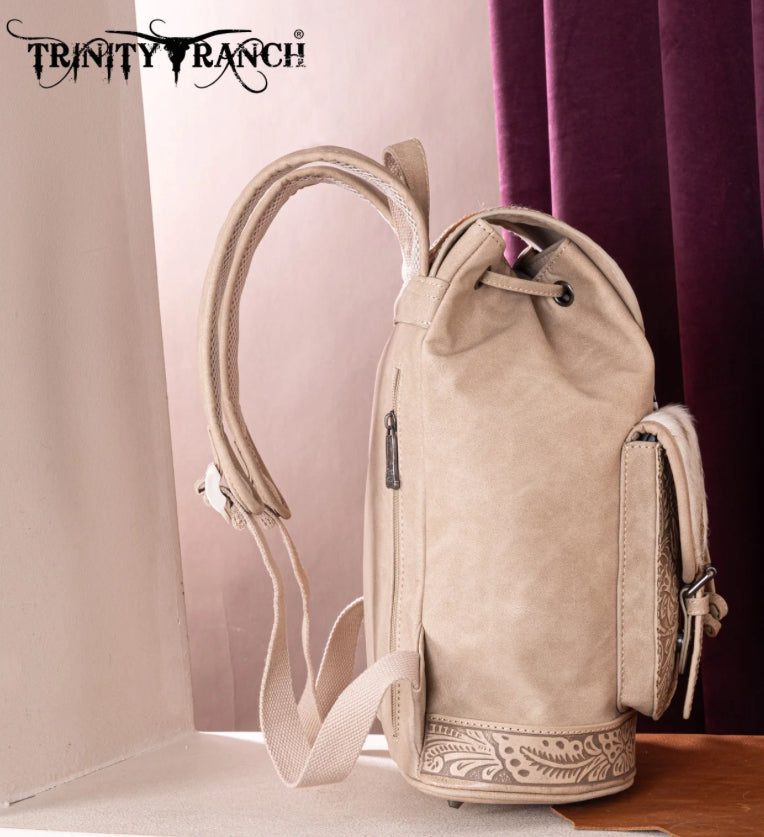 Trinity Ranch Genuine Hair-On Cowhide Tooled Backpack - Tan