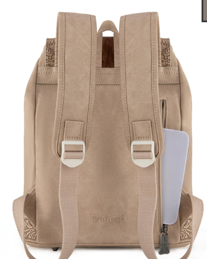 Trinity Ranch Genuine Hair-On Cowhide Tooled Backpack - Tan