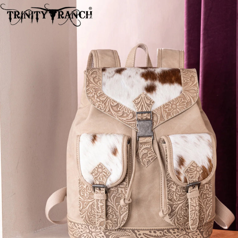 Trinity Ranch Genuine Hair-On Cowhide Tooled Backpack - Tan