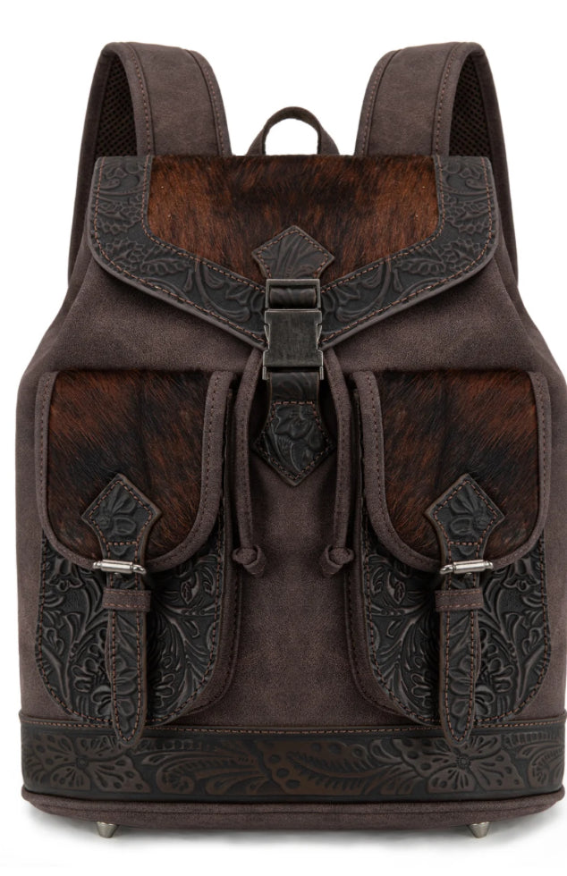 Trinity Ranch Genuine Hair-On Cowhide Tooled Backpack - Coffee