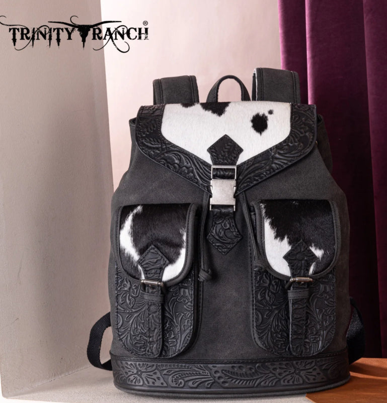 Trinity Ranch Genuine Hair-On Cowhide Tooled Backpack - Black