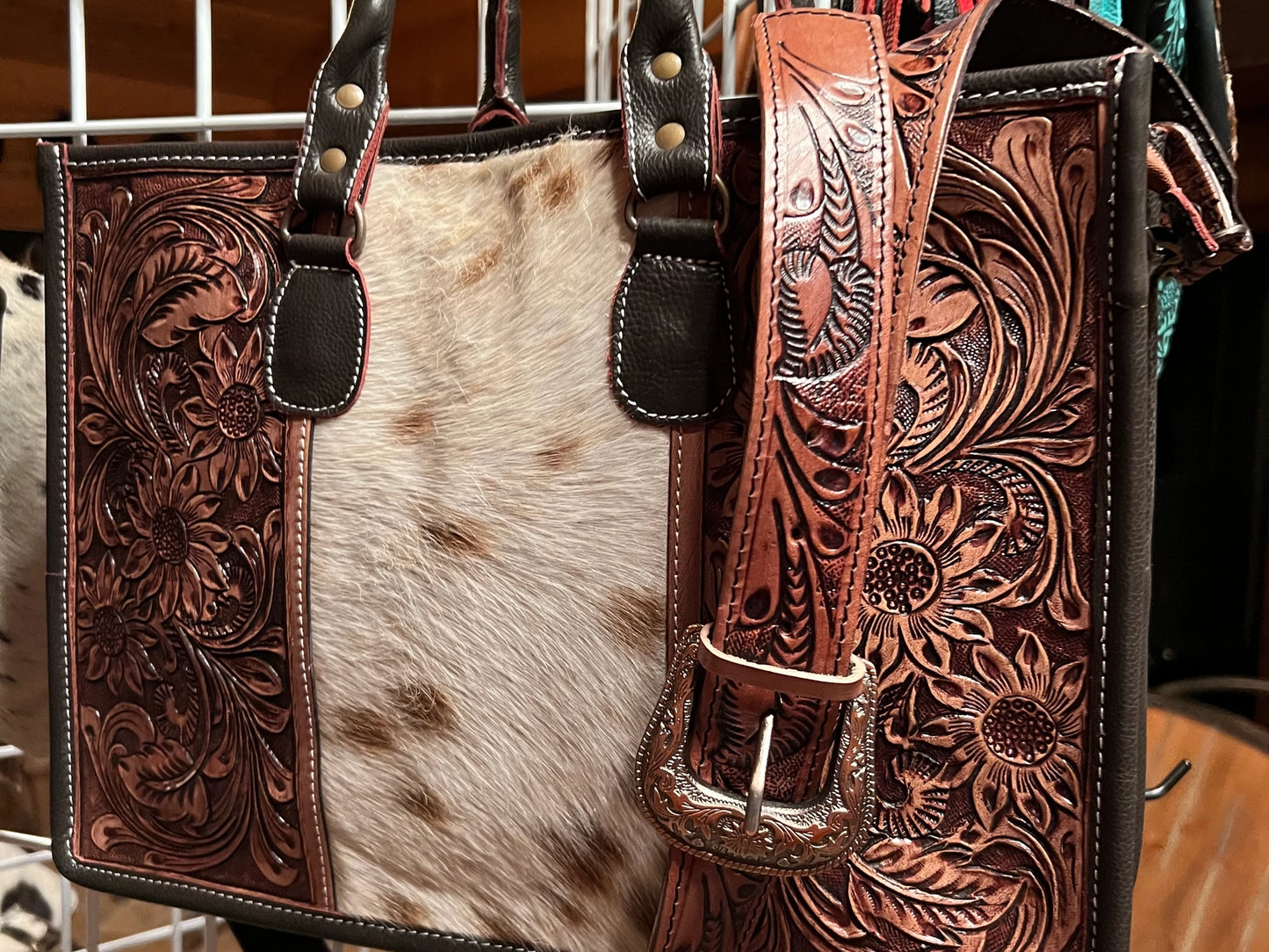 Sunflower Western Tooled Leather Cowhide Purse Tote Bag