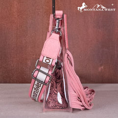 Montana West Western Fringe Stadium Clear Crossbody Bag with Detachable Pouch - Pink