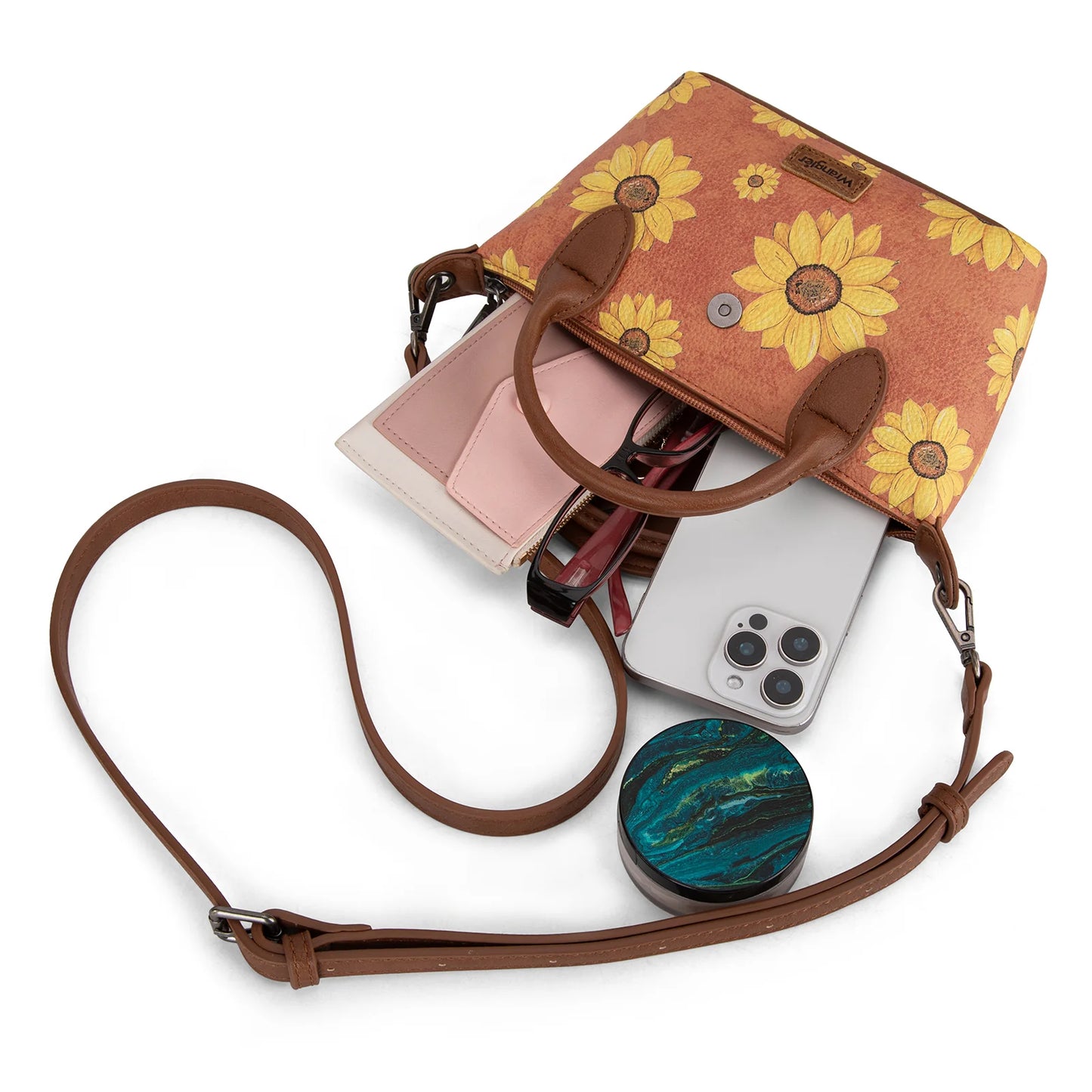 Wrangler Sunflower Print Mini Top Handle Crossbody -Brown