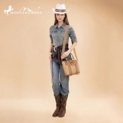 Montana West Hair-On Hide Concealed Carry Tote Bag with Tooled Strap