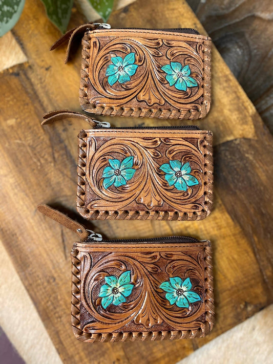Turquoise Flowers Tooled & Cowhide Coin Pouch 
