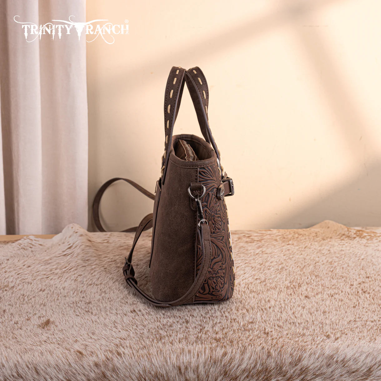 Trinity Ranch Genuine Hair-On Cowhide Tooled Tote/Crossbody