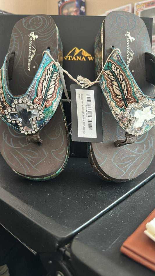 Feather with a Cross in the center Flip Flops SIZE 9