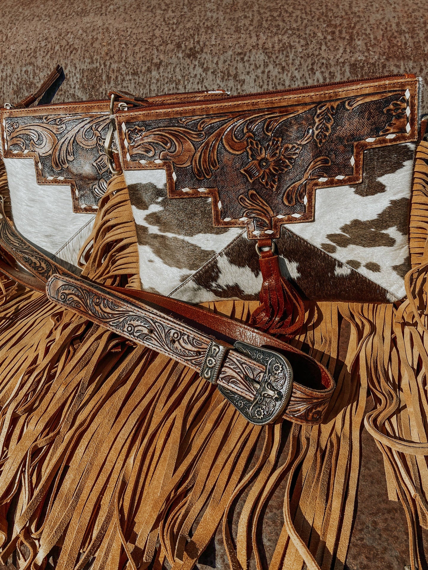 Fort Worth Tooled Leather Cowhide Crossbody, Shoulder Bag