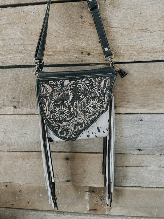 Black Tooled Leather Myra Cowhide Western Bag