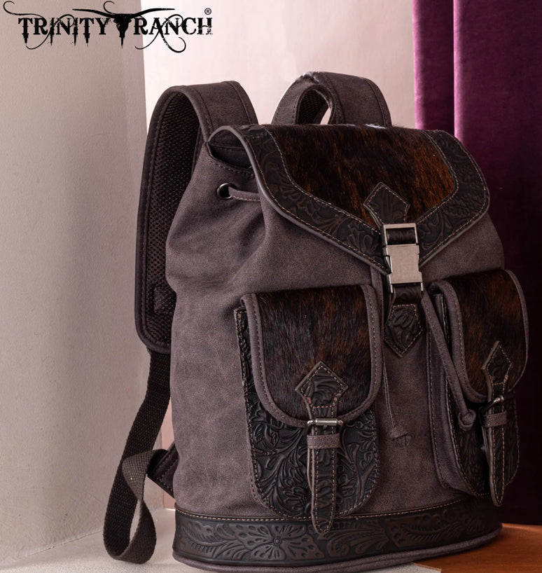 Trinity Ranch Genuine Hair-On Cowhide Tooled Backpack - Coffee