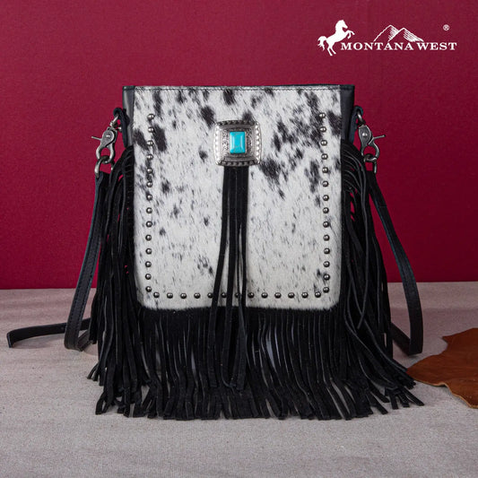 Montana West Genuine Leather Hair-On Cowhide Fringe Bohemian Crossbody - Black