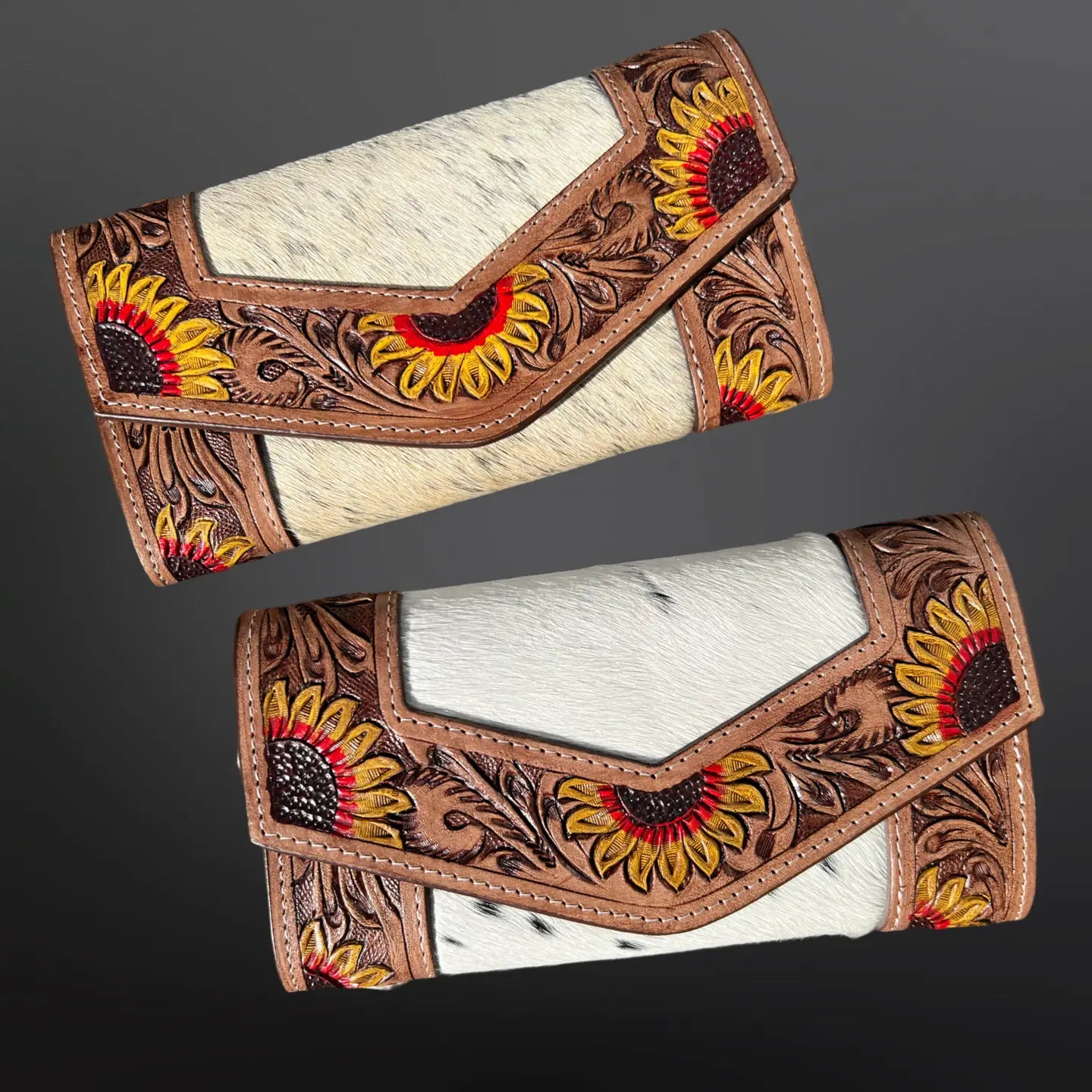 Cowhide Tooled Leather Wallet with Painted Sunflowers