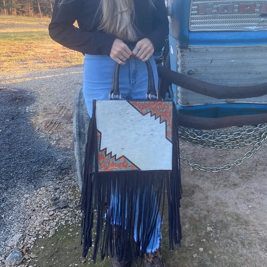 Cowhide and Tooled Leather Fringe Bag Tote