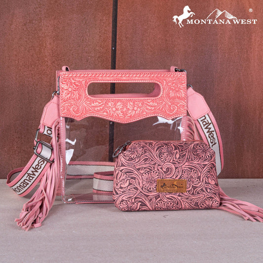 Montana West Western Fringe Stadium Clear Crossbody Bag with Detachable Pouch - Pink