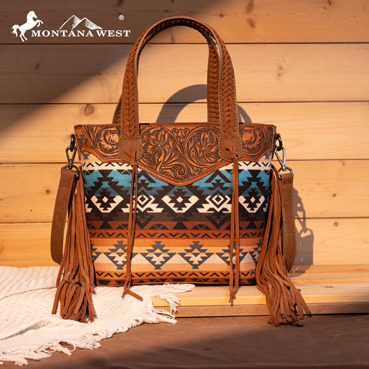 Montana West Tooled Aztec Tote/Crossbody - Brown