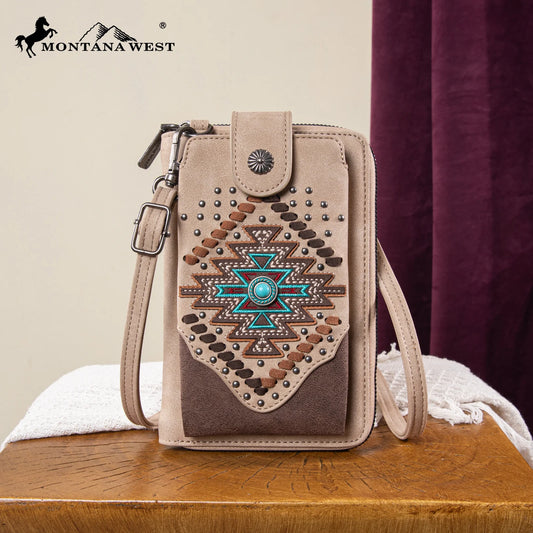Montana West Embroidered Aztec Collection Phone Wallet/Crossbody - Tan