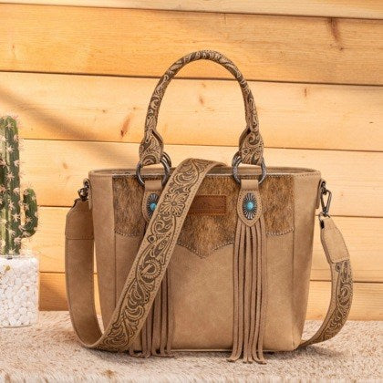 Montana West Hair-On Hide Concealed Carry Tote Bag with Tooled Strap