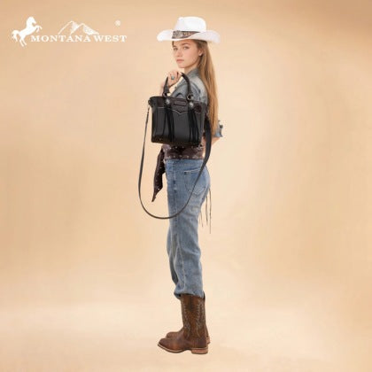 Montana West Hair-On Hide Concealed Carry Tote Bag with Tooled Strap