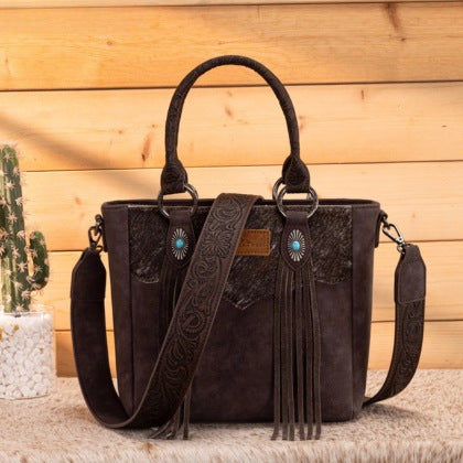 Montana West Hair-On Hide Concealed Carry Tote Bag with Tooled Strap