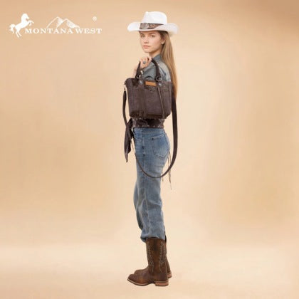 Montana West Hair-On Hide Concealed Carry Tote Bag with Tooled Strap