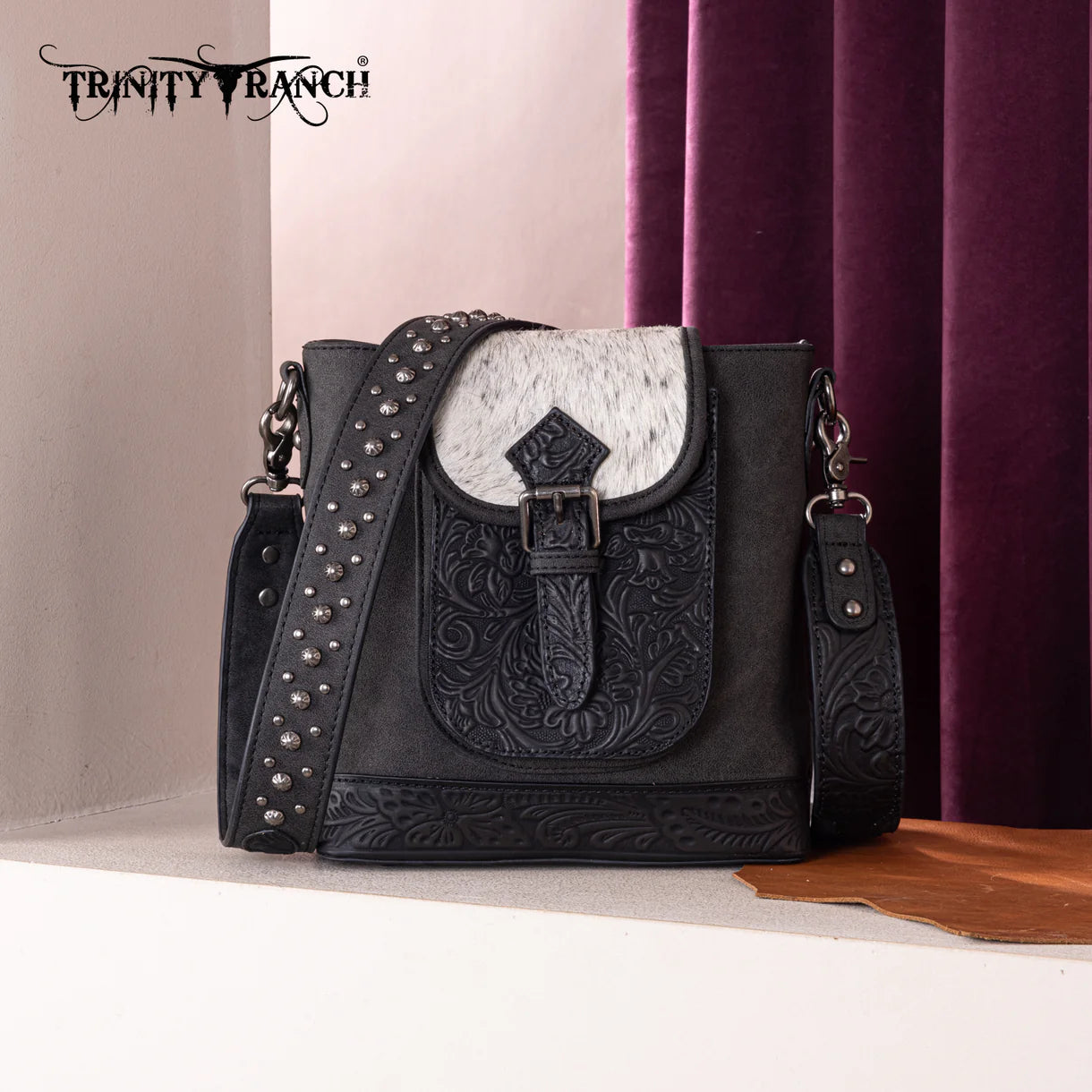 Trinity Ranch Genuine Hair-On Cowhide Tooled Concealed Carry Crossbody Bag - Black