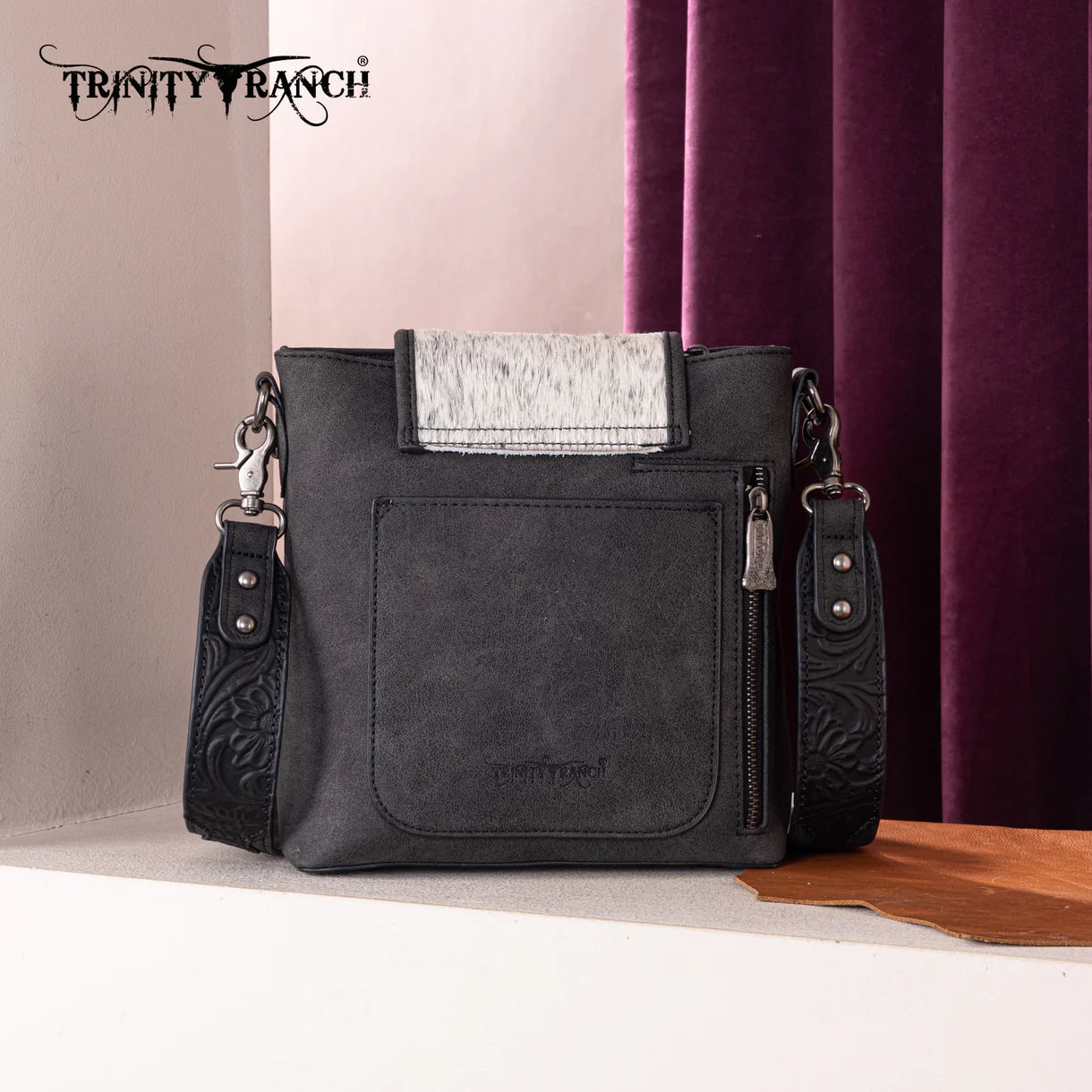 Trinity Ranch Genuine Hair-On Cowhide Tooled Concealed Carry Crossbody Bag - Black