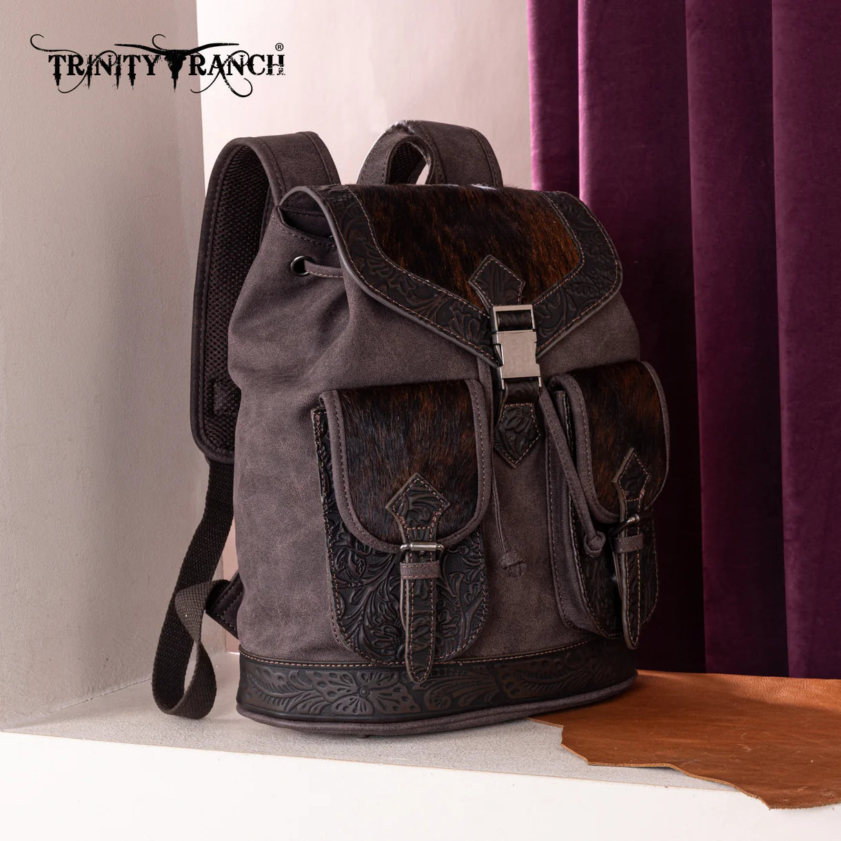 Trinity Ranch Genuine Hair-On Cowhide Tooled Backpack - Coffee