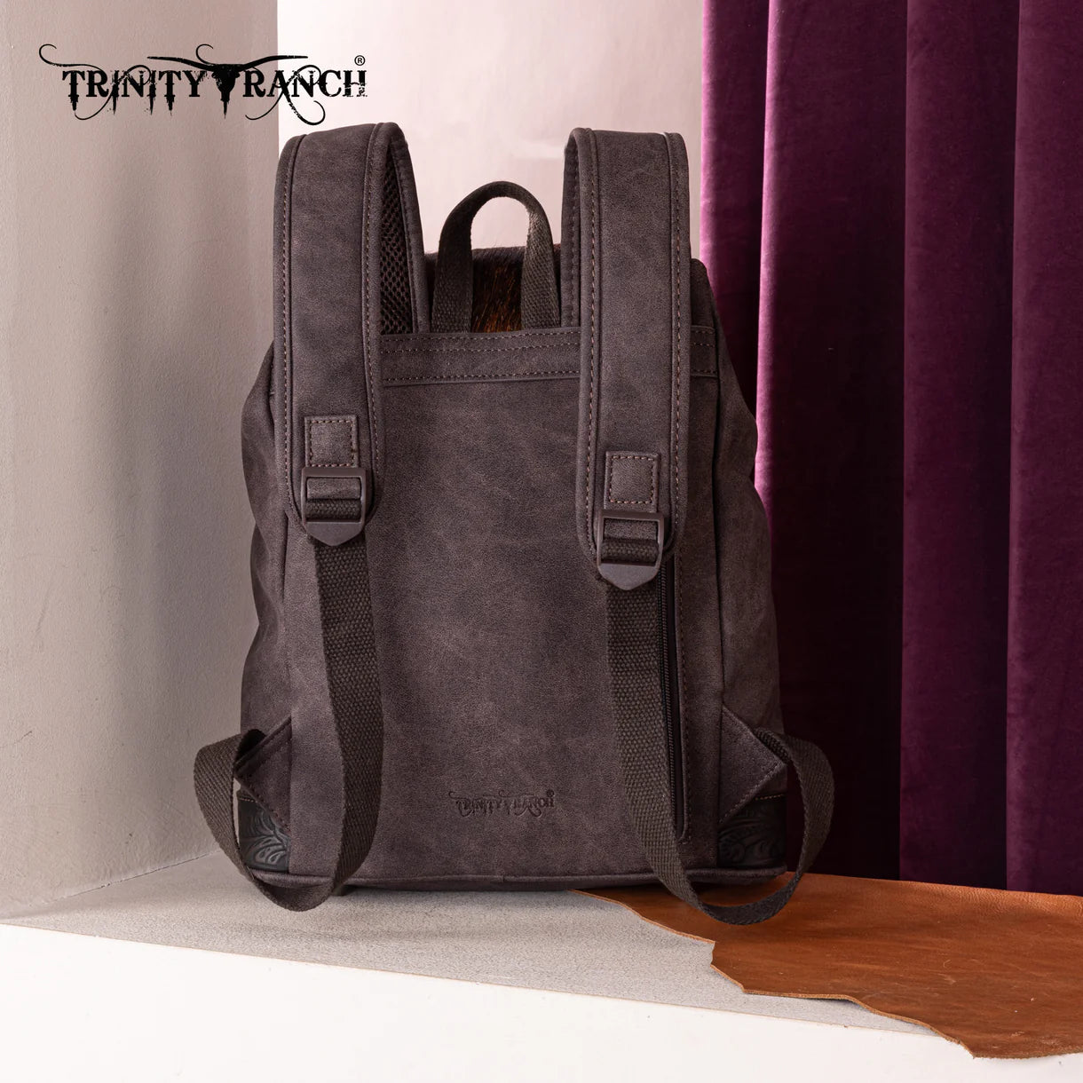 Trinity Ranch Genuine Hair-On Cowhide Tooled Backpack - Coffee