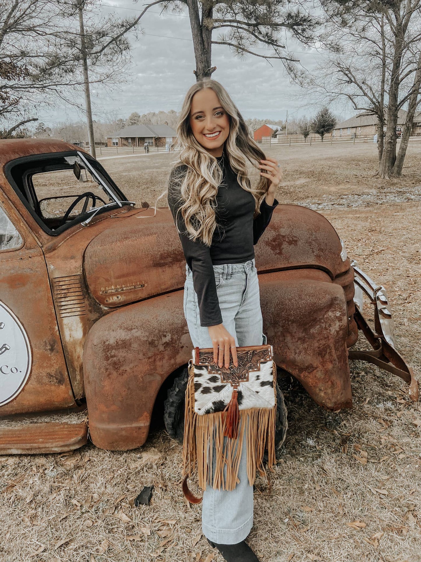 Fort Worth Tooled Leather Cowhide Crossbody, Shoulder Bag