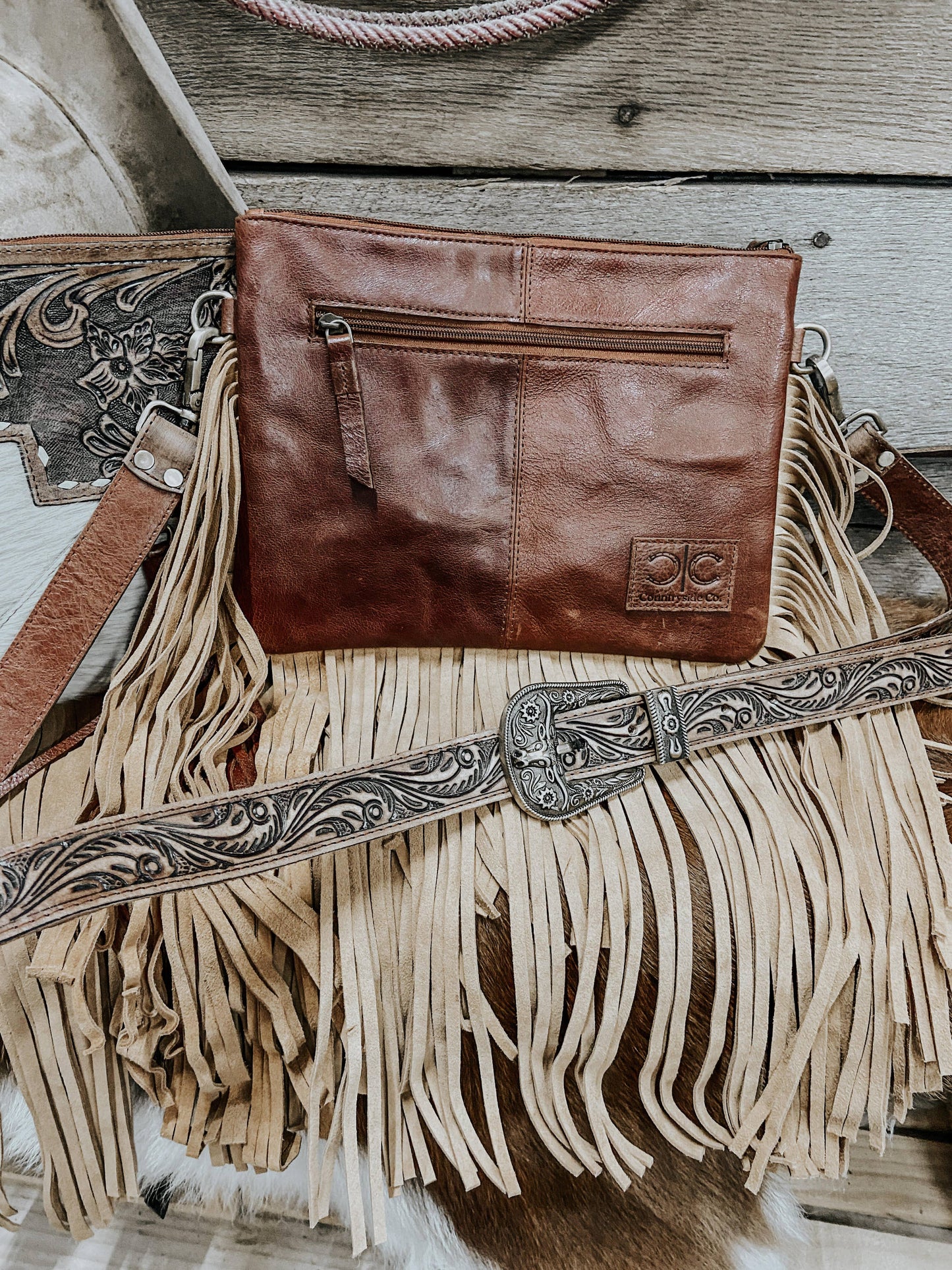 Fort Worth Tooled Leather Cowhide Crossbody, Shoulder Bag