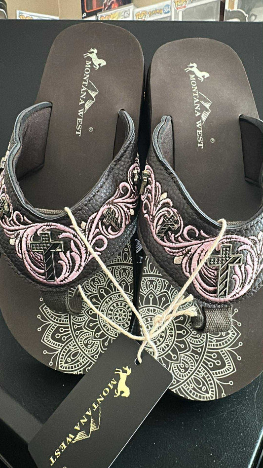 Pink and Brown Cross Flip Flops SIZE 8