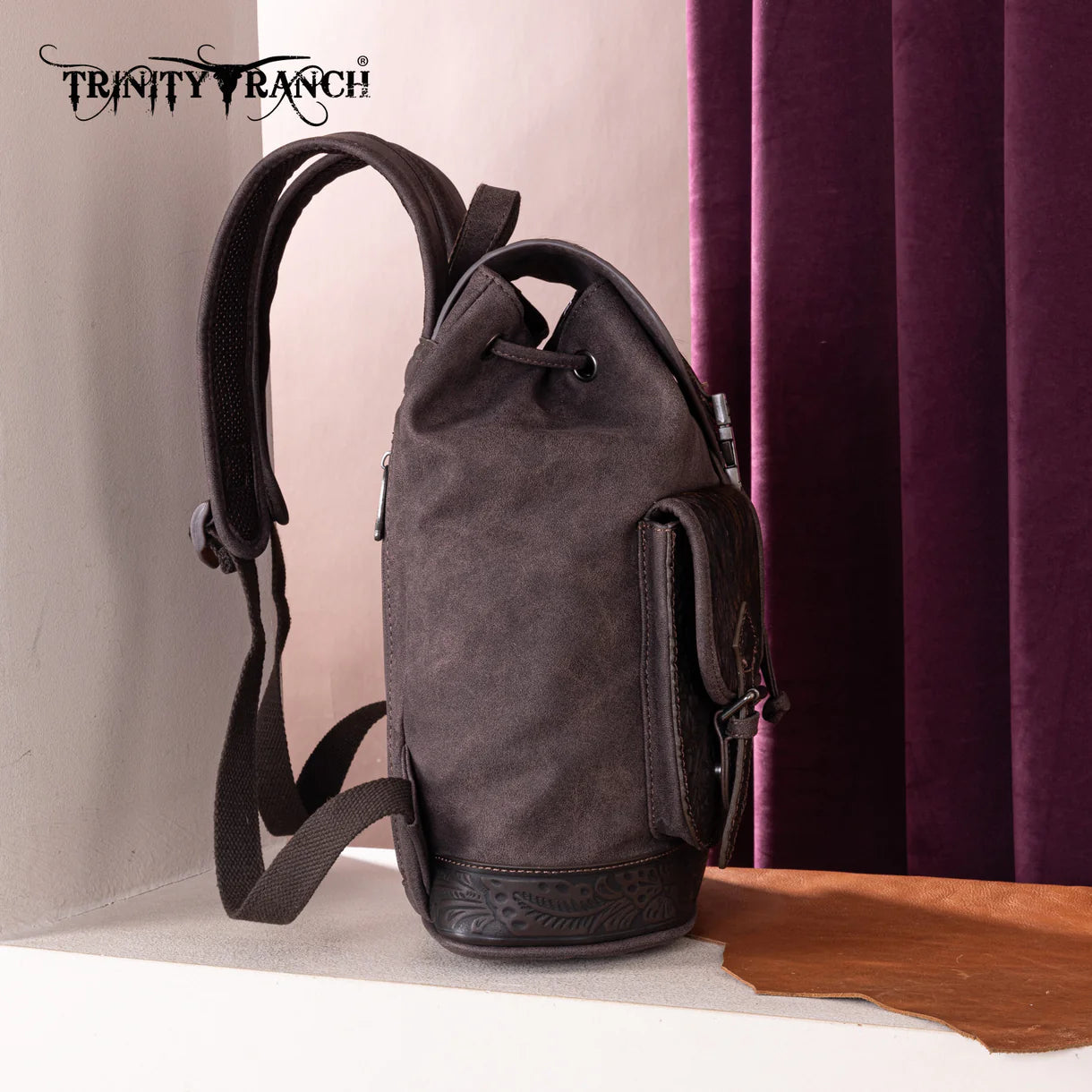 Trinity Ranch Genuine Hair-On Cowhide Tooled Backpack - Coffee