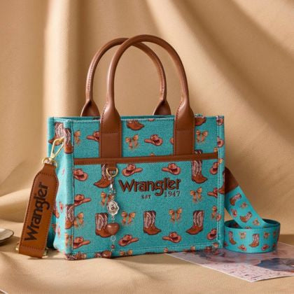 Wrangler Western Print Cowgirl Tote Bag/Crossbody - Light Blue